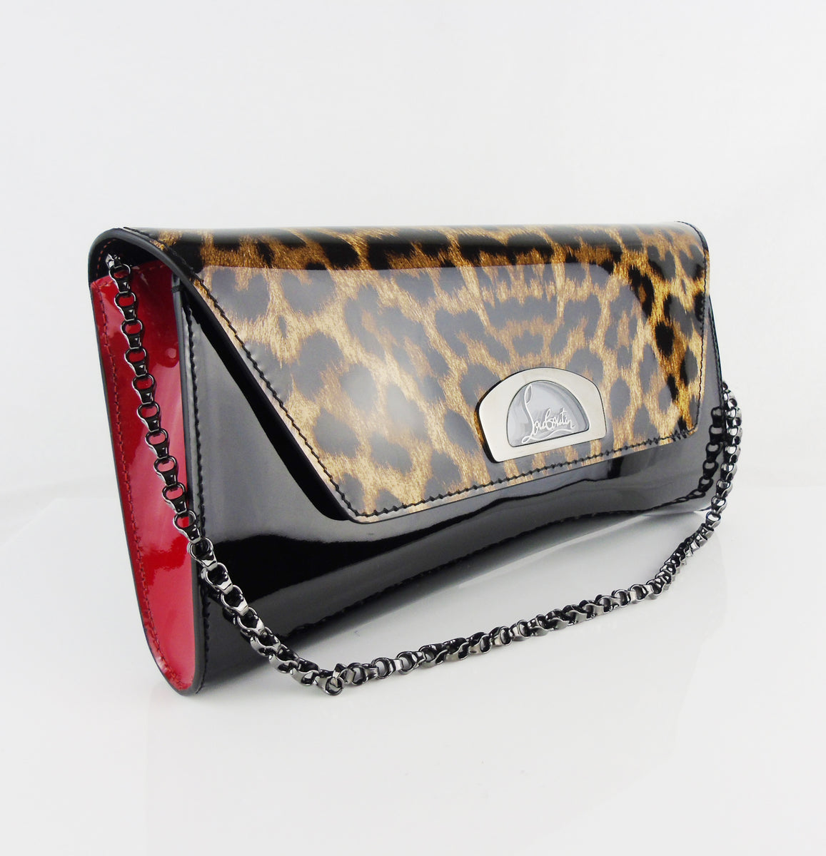 Christian LOUBOUTIN vero dodat clutch black patent leopard leather Loubi Lou Coco