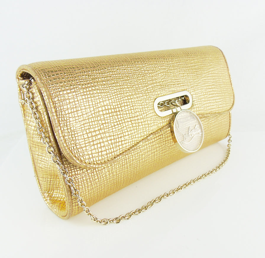 CHRISTIAN LOUBOUTIN Gold Leather Riviera Textured Clutch