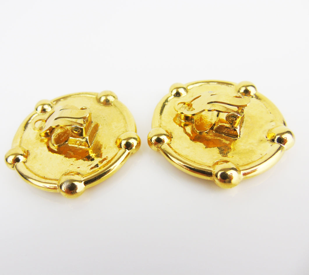 CHANEL extra large round gold plated earrings 1980s- vintage