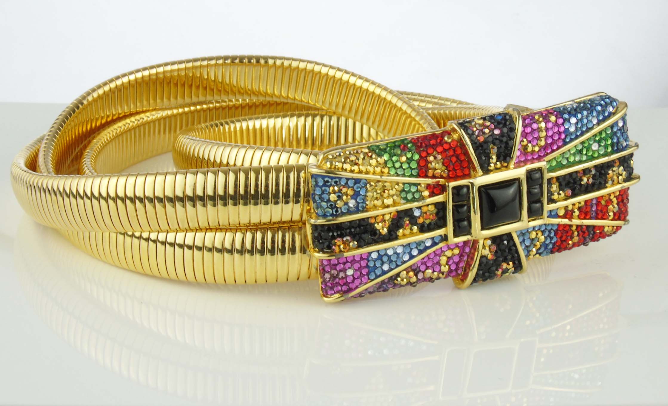 JUDITH LIEBER art deco multi-colour rhinestone gold stretch belt