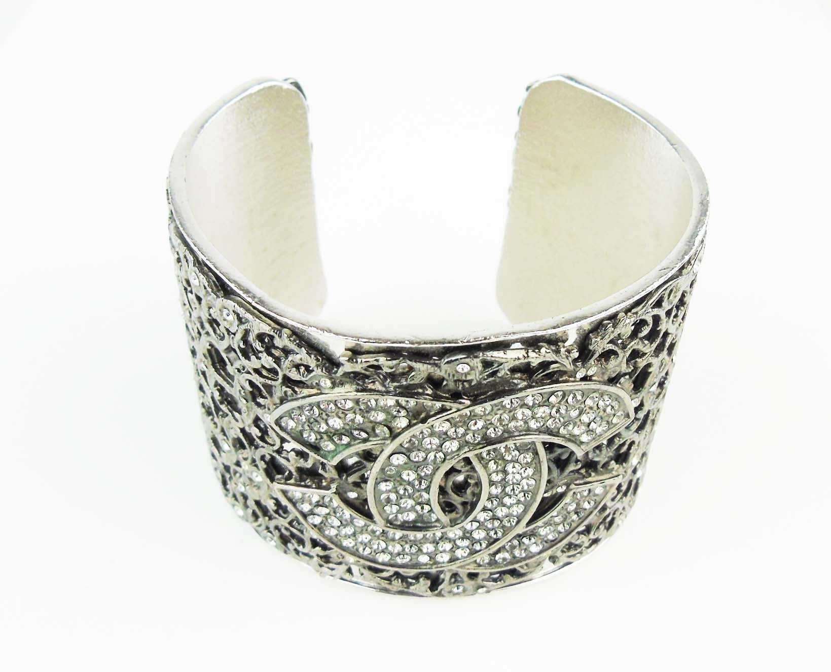 CHANEL Filigree CC Cuff Bracelet antique silver & crystal 2006