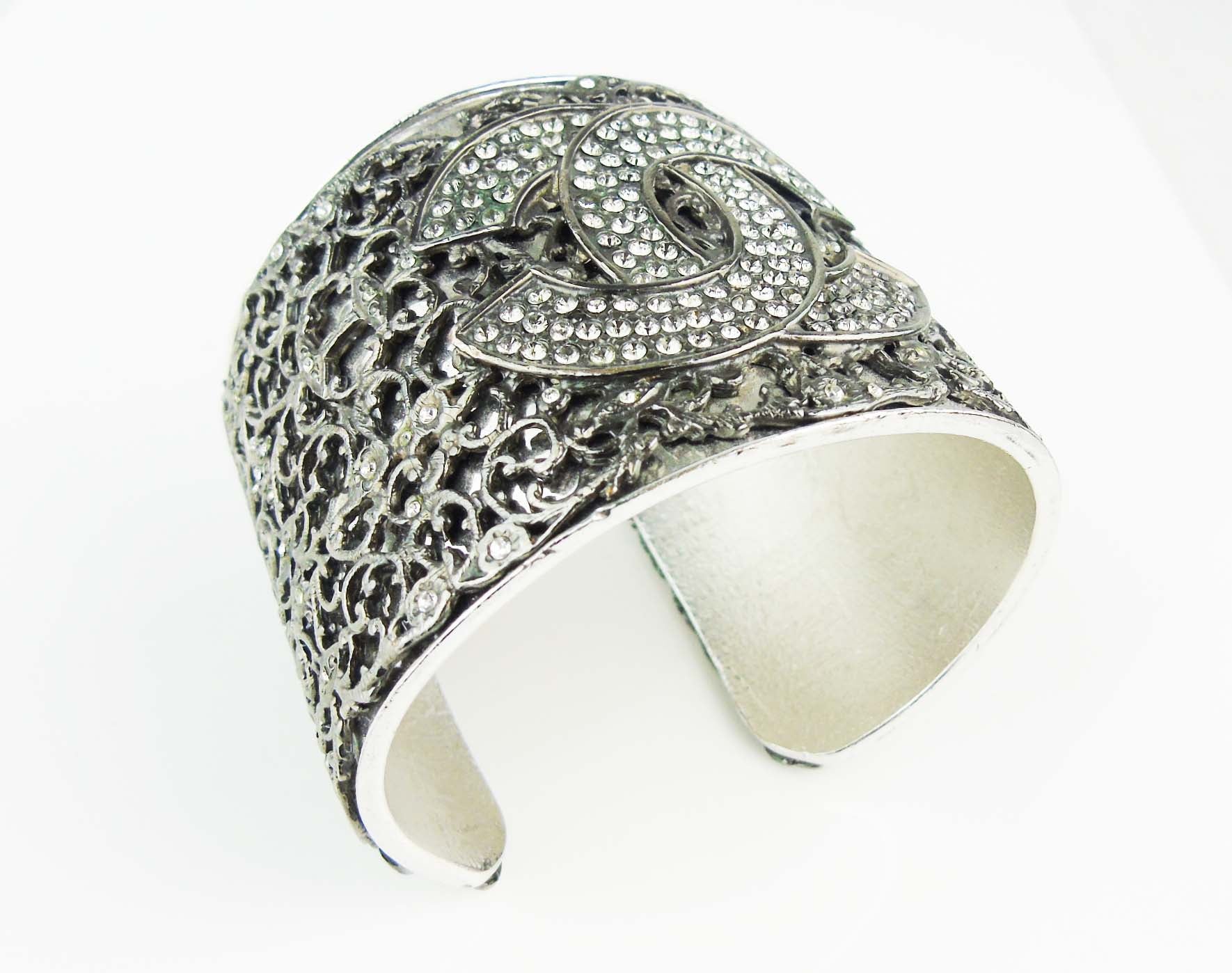 CHANEL Filigree CC Cuff Bracelet antique silver & crystal 2006