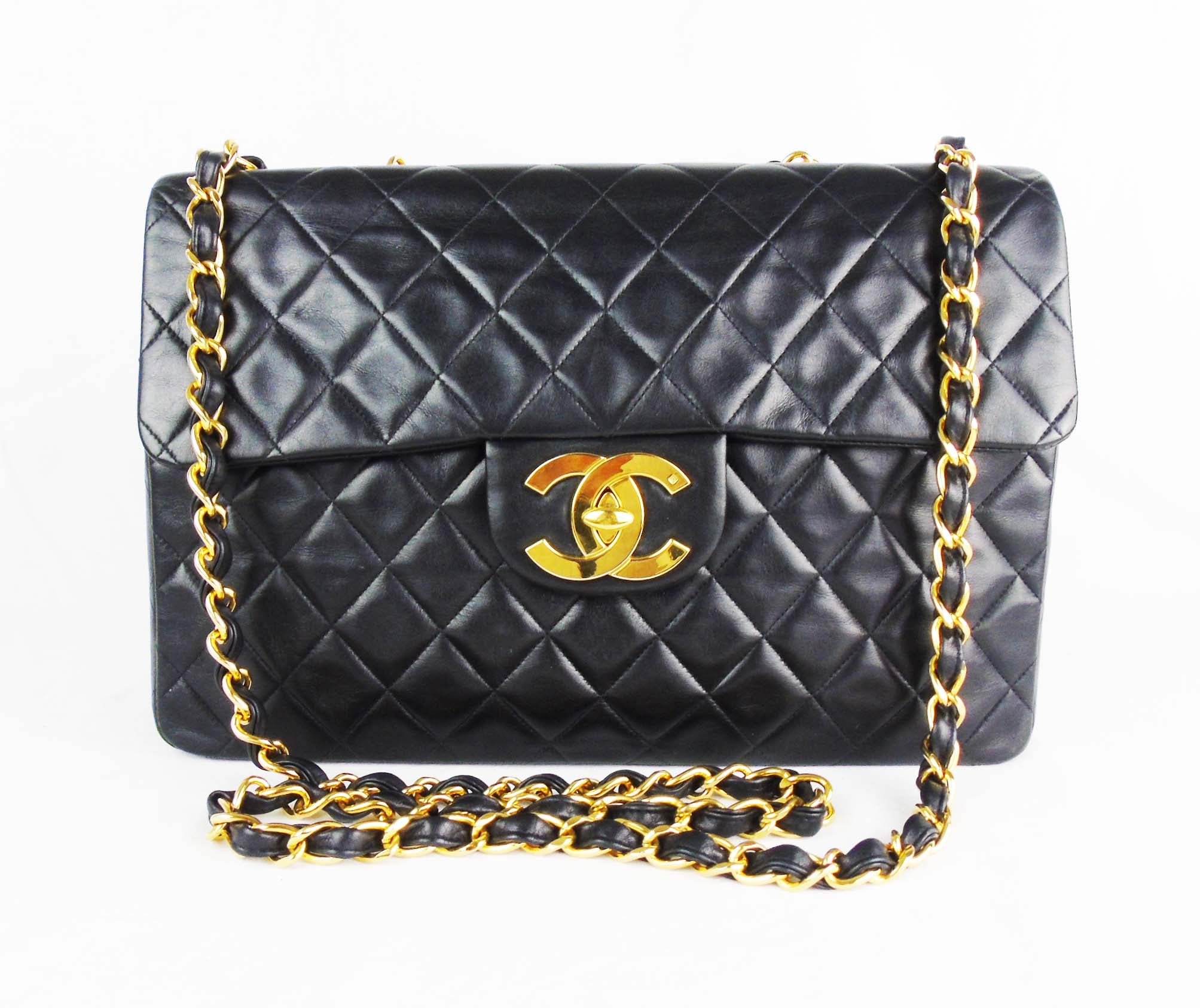 Vintage Chanel XL Jumbo Flap Bag Black Lambskin Gold Hardware – Madison  Avenue Couture