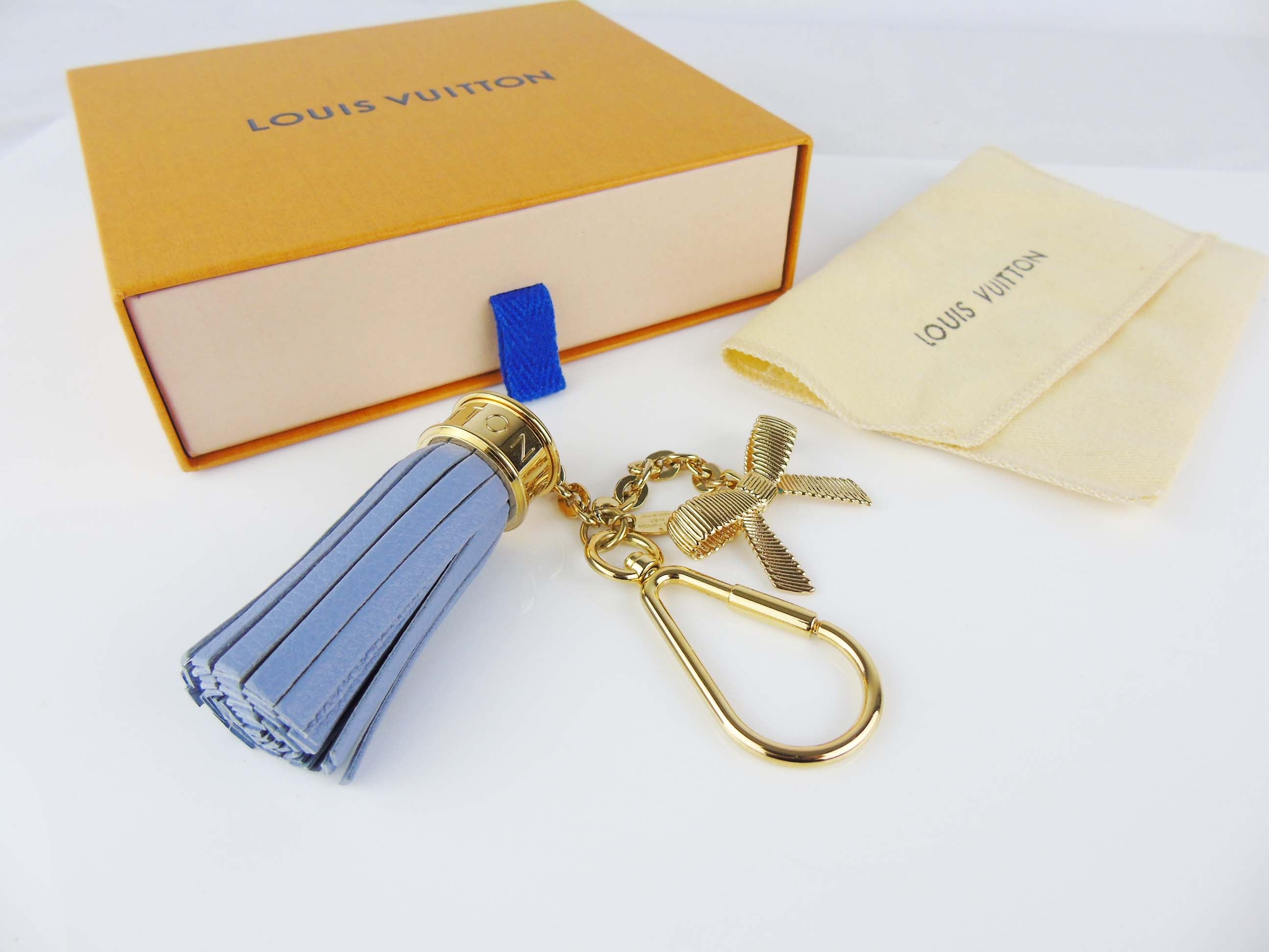 LOUIS VUITTON bag charm keyring Azur blue leather tassel Loubi