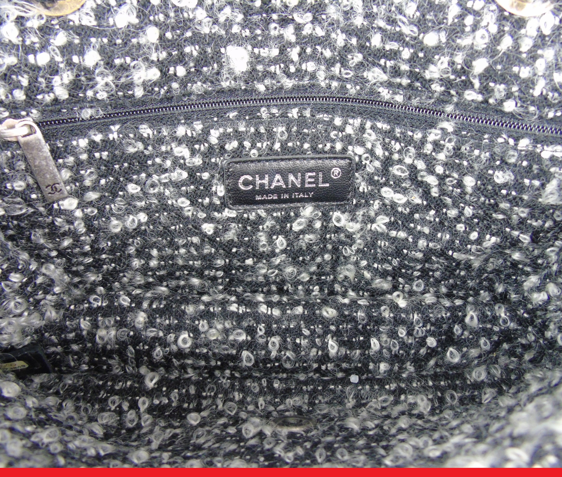 CHANEL Black Leather tweed trim 10" Flap bag