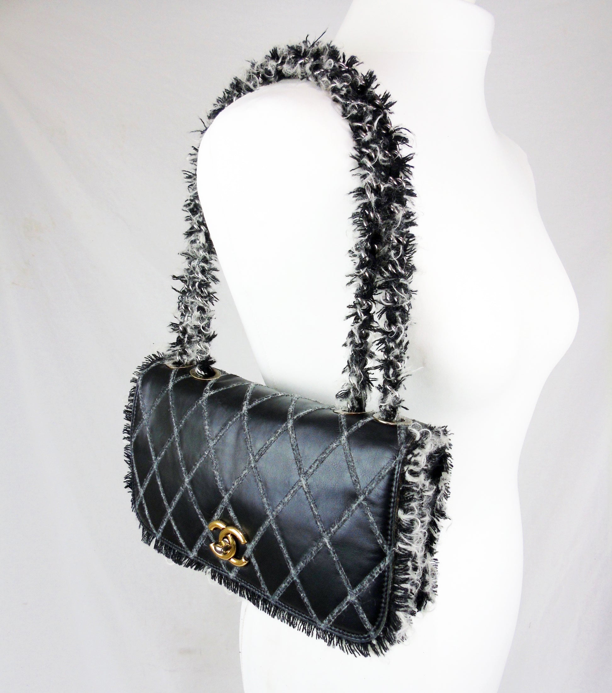 CHANEL Black Leather tweed trim 10" Flap bag