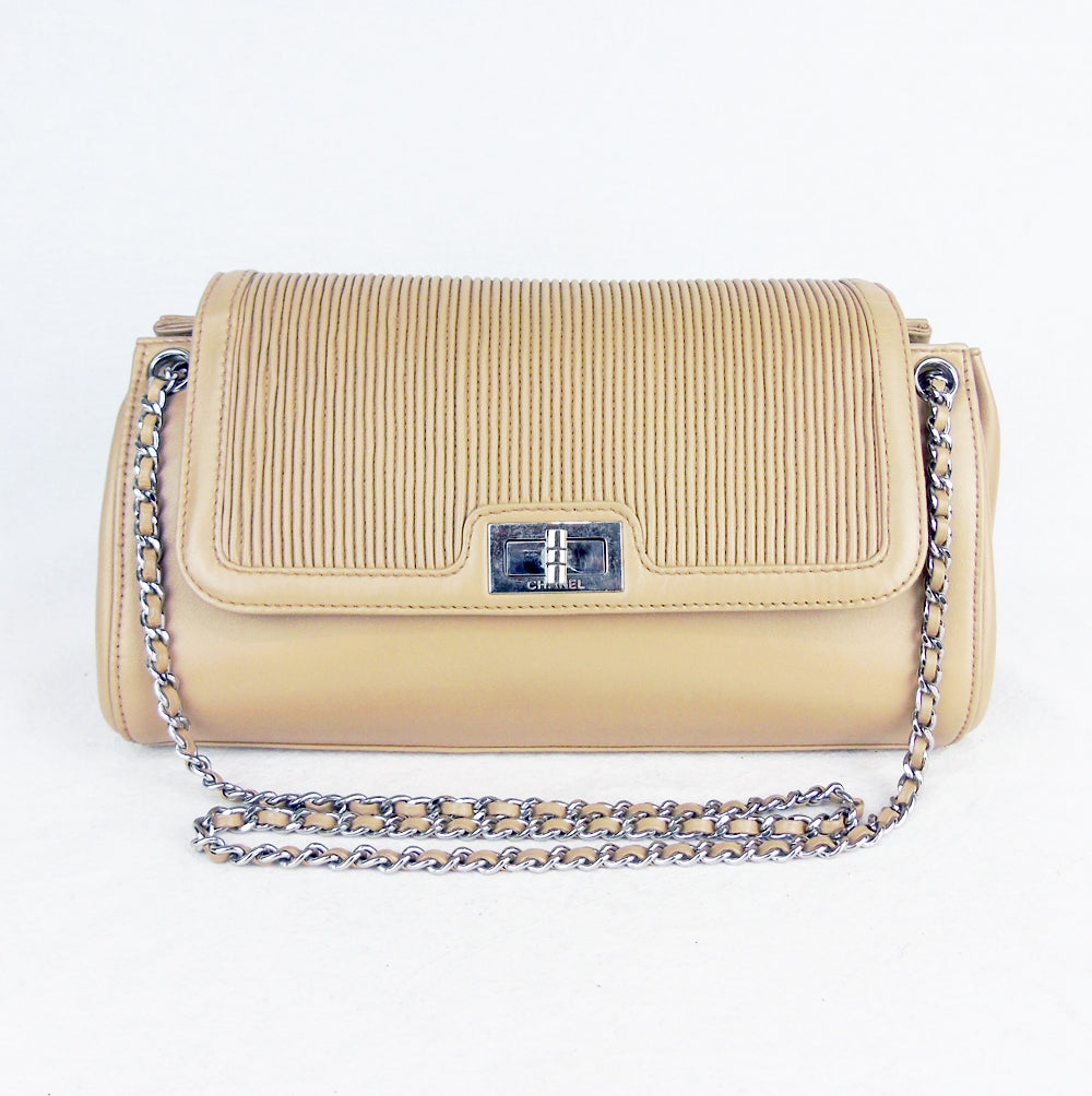 CHANEL cream beige pintuck leather flapbag mademoiselle lock