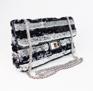 CHANEL black white sequin flap evening