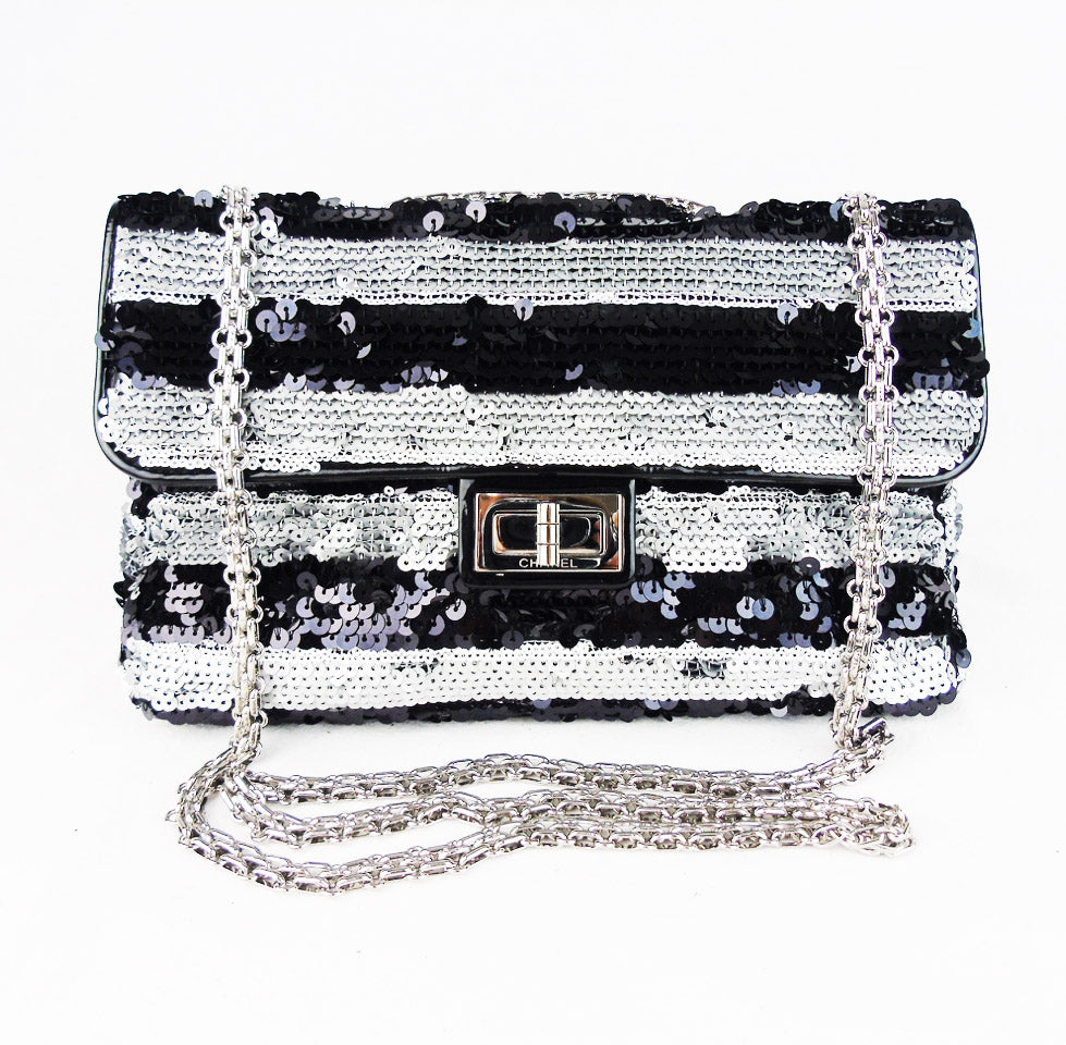 CHANEL black white sequin flap evening bag