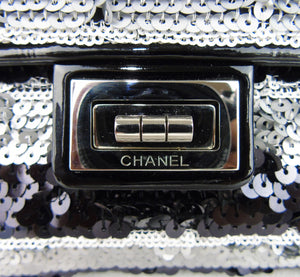 CHANEL black and silver striped sequin 10" flap bag