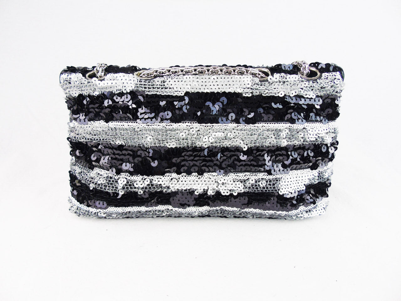 Chanel Black/Silver Striped Sequin Mademoiselle Chain Small Tote