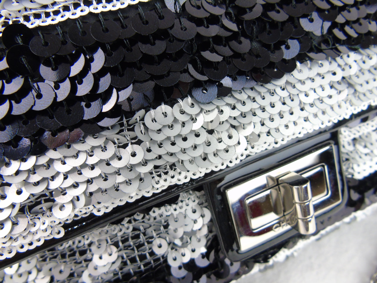 CHANEL black and silver striped sequin 10" flap bag