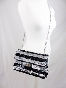 CHANEL black and silver striped sequin 10" flap bag