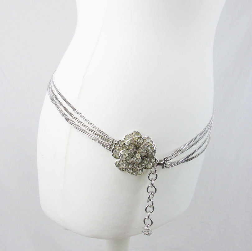 CHANEL Strass Camellia silver chain belt/necklace