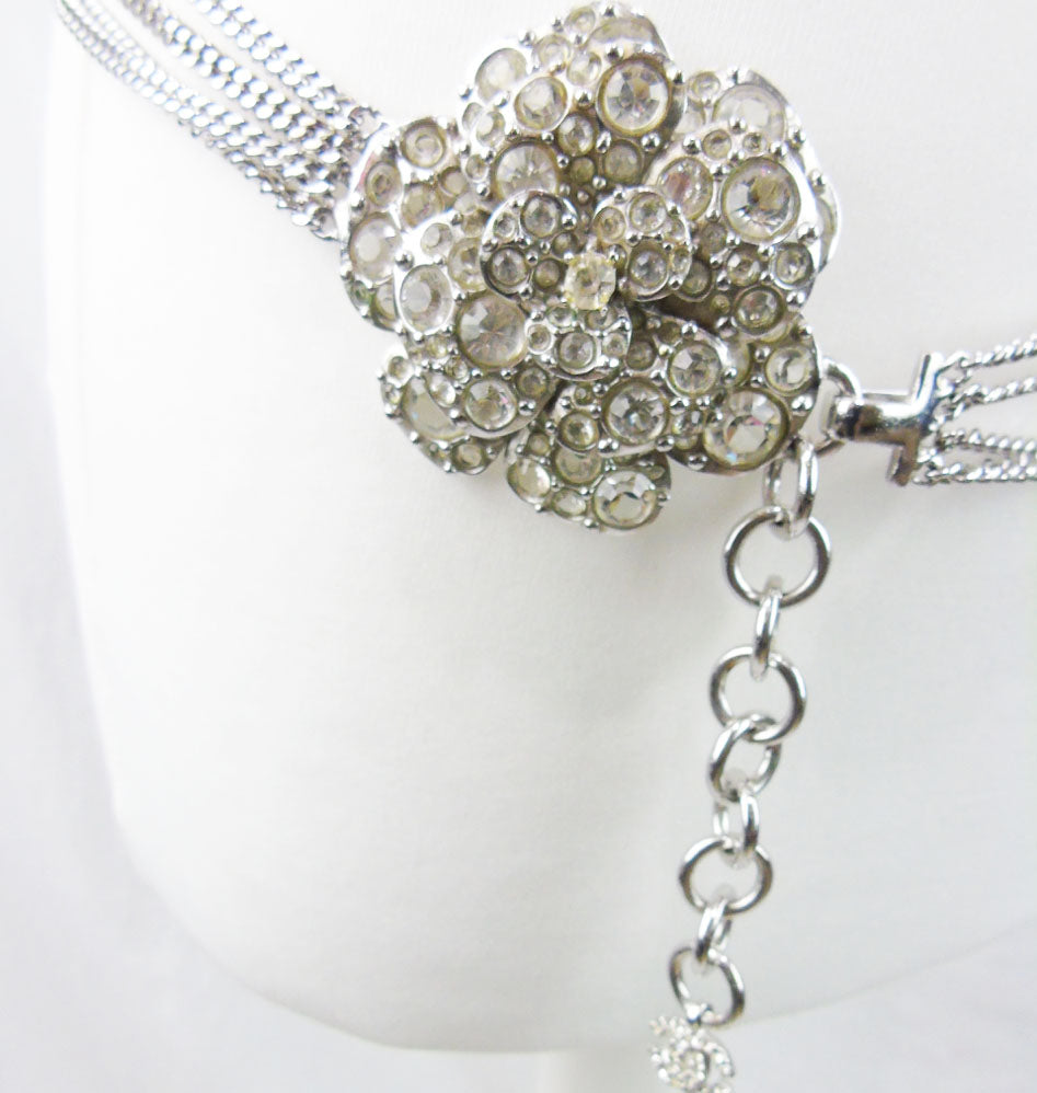 CHANEL Strass Camellia silver chain belt/necklace