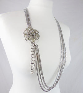 CHANEL Strass Camellia silver chain belt/necklace