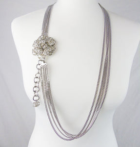 CHANEL Strass Camellia silver chain belt/necklace