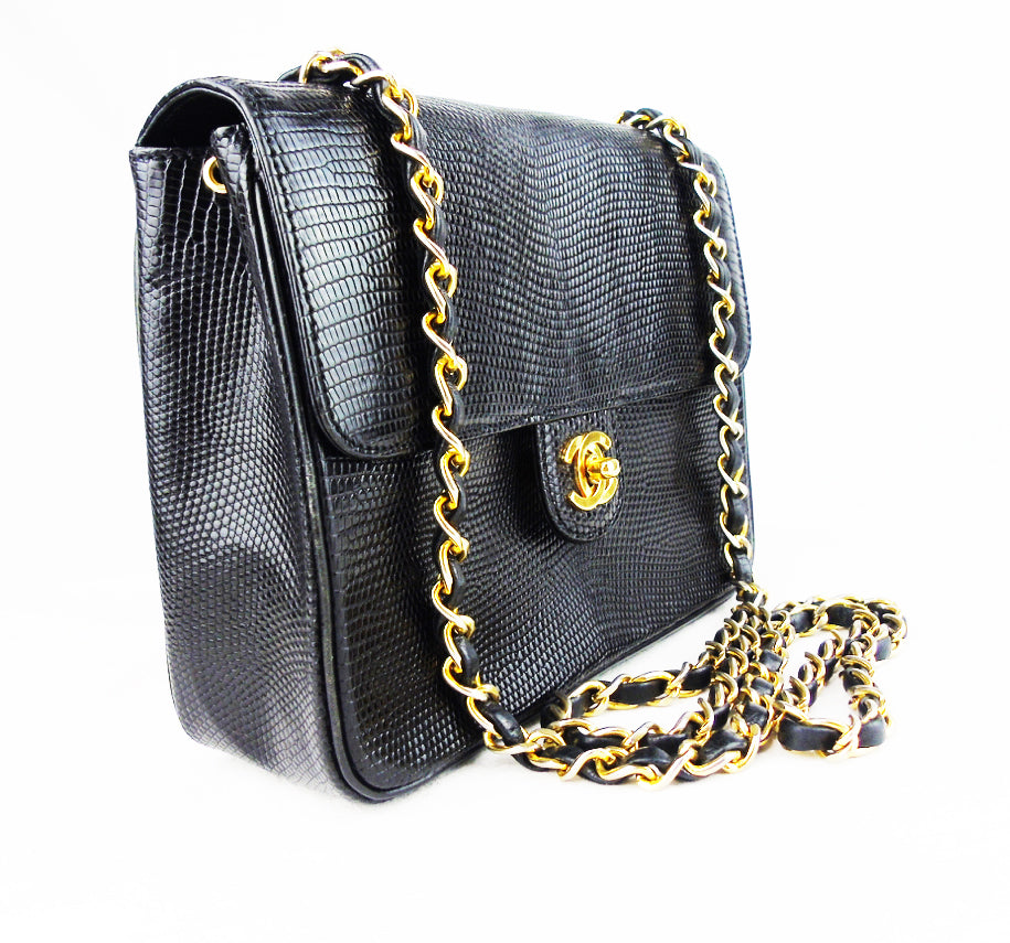 CHANEL black lizard exotic leather flap bag - vintage