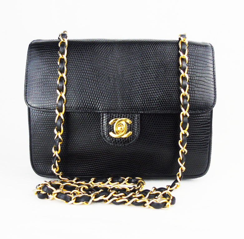 CHANEL lizard exotic black flap bag square vintage alligator